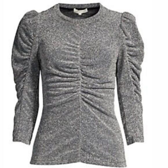 Rebecca Taylor Lurex Metallic Silver. Ruched 3/4 Puff Sleeve Blouse. Medium NWOT - Picture 7 of 8